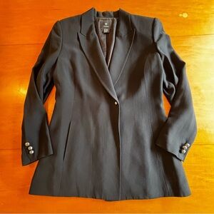 DD Collection black, long line, single button suit jacket, blazer
